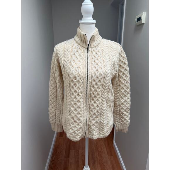 Inis Crafts Fishermens Sweater Womens Medium Cream Cable Knit Merino Wool Zip - Picture 2 of 9